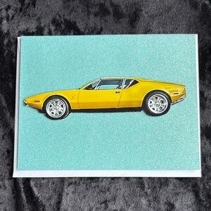 Yellow Vintage Sports Car Art Print on Teal Background